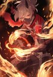  1boy armor covered_mouth cowboy_shot demon_horns embers fire grey_hair headphones highres horns kuji-in looking_at_viewer male_focus mask mel6969 mouth_mask ninja_mask oboro_(show_by_rock!!) power_armor pyrokinesis red_background red_eyes red_scarf scarf short_hair show_by_rock!! solo 