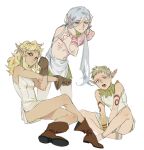  1boy 2girls arm_tattoo bags_under_eyes between_legs blonde_hair boots chest_tattoo crossed_legs dungeon_meshi elf fleki gloves gorget green_eyes grey_hair hair_around_ear hair_tubes hand_between_legs kugai697139 leaning_forward long_hair looking_at_viewer low_twintails lycion medium_hair multiple_girls notched_ear otta_(dungeon_meshi) pointy_ears short_hair simple_background sitting sleeveless stretching tattoo topless_male tunic twintails very_short_hair violet_eyes white_background 