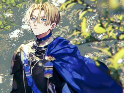  1boy armor belt black_shirt blonde_hair blue_belt blue_cape blue_eyes blurry blurry_background branch cape chest_belt closed_mouth commentary dimitri_alexandre_blaiddyd english_commentary fire_emblem fire_emblem:_three_houses garreg_mach_monastery_uniform gold_trim hair_between_eyes leaf looking_at_viewer male_focus oas shirt shoulder_armor side_cape solo straight-on tree twitter_username upper_body 