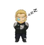  1boy absurdres baggy_pants beard blonde_hair boots chibi crossed_arms facial_hair gauntlets highres kaijuu_no._8 male_focus mature_male nongnakk pants shinomiya_isao short_hair shoulder_pads simple_background sleeping solo squeans thick_eyebrows white_background yellow_eyes 