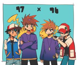  4boys arms_behind_back ash_ketchum baseball_cap black_eyes black_hair black_shirt blue_oak brown_hair closed_mouth commentary crossed_arms dual_persona green_eyes hand_up hat highres ki2ri5 male_focus multiple_boys on_shoulder open_mouth pants pikachu pokemon pokemon_(anime) pokemon_(classic_anime) pokemon_(creature) pokemon_on_shoulder pokemon_rgby red_(pokemon) shaded_face shirt simple_background spiky_hair symbol-only_commentary 