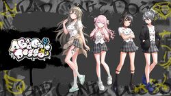  4girls :3 :d :o a_bad_cynic_doggo ahoge arm_up azai_eimi bessyo_bell black_choker black_eyes black_footwear black_hoodie black_jacket black_socks blue_eyes blue_footwear bone_print braided_hair_rings brown_hair butterfly_tattoo buttons checkered_clothes checkered_skirt choker clothes_around_waist collared_shirt colored_inner_hair crossed_arms d4dj date-chan_(d4dj) empty_eyes english_text expressionless eyes_visible_through_hair graffiti grey_background grey_eyes grey_hair grey_skirt grin hair_between_eyes hair_ribbon hands_in_pockets heart_pendant high_ponytail highres holding holding_own_hair hood hoodie jacket jacket_around_waist light_brown_hair loafers long_hair medium_hair messy_hair multicolored_hair multiple_girls official_art parted_bangs paw_print pendant_choker pink_hair pleated_skirt red_eyes ribbon school_uniform sharp_teeth shimazu_shika shirt shoelaces shoes short_hair short_sleeves sidelocks skirt slippers smile smug sneakers socks streaked_hair tattoo teeth wavy_hair white_footwear white_ribbon white_shirt white_sneakers white_socks 