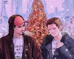  2boys baseball_cap black_jacket brown_eyes brown_hair brown_hoodie building christmas_lights christmas_tree city closed_eyes closed_mouth clothes_writing collared_jacket commentary_request evening facial_hair garland_(decoration) hand_up hat hood hooded_jacket hoodie jacket korean_commentary long_sleeves looking_at_another male_focus marvel marvel_cinematic_universe multiple_boys open_clothes open_hoodie open_jacket outdoors peter_parker pink_hat pink_sky puffy_long_sleeves puffy_sleeves redcokk shirt short_hair sky skyscraper smile snowing standing steam t-shirt teeth tony_stark tower upper_body white_shirt window winter 