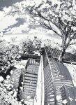  cherry_blossoms clouds greyscale highres monochrome no_humans original outdoors petals railing rooftop scenery sky stairs tree wolrero 