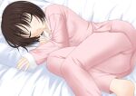  1girl amagami ass barefoot bed_sheet bob_cut breasts brown_hair closed_eyes closed_mouth commentary_request curled_up dot_mouth expressionless fetal_position foot_out_of_frame from_above knees_up light_blush long_sleeves lying minamori_noeru on_bed on_side pajamas pants pillow pink_pajamas pink_pants pink_shirt shirt short_hair sleeping sleeves_past_wrists small_breasts soles solo tachibana_miya 