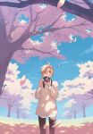 1girl blonde_hair blue_sky branch camera camera_around_neck cherry_blossoms dappled_sunlight day falling_petals highres holding holding_camera looking_up original outdoors parted_lips petals red_eyes scenery sky solo spring_(season) standing sunlight sweater taizo_(taizo_03) thigh-highs tree 