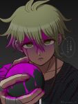  1boy amami_rantaro antenna_hair artist_name ball bandaged_hand bandages blood blood_on_clothes blood_on_face collarbone danganronpa_(series) danganronpa_v3:_killing_harmony ear_piercing earrings gradient_background green_eyes green_hair highres holding holding_ball jewelry lower_teeth_only male_focus necklace open_mouth piercing pink_blood shirt short_hair solo speech_bubble spoilers striped_clothes striped_shirt suiren_yurei teeth translation_request 