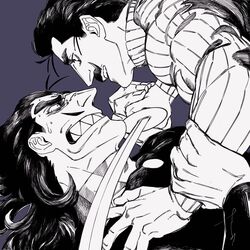  2boys aquiline_nose black_eyes black_hair bloodshot_eyes brothers colored_skin desha_(ousama_ranking) facial_hair fighting frown grey_skin greyscale greyscale_with_colored_background highres holding holding_sword holding_weapon huge_eyebrows male_focus medium_hair monochrome mullet multiple_boys muscular muscular_male mustache ouken ousama_ranking pencil_mustache pointing_melee_weapon pointing_sword sanpaku sashimi_oran sharp_teeth siblings sword teeth thick_mustache weapon 