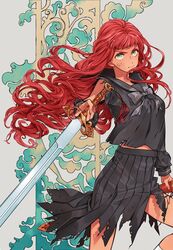  1girl black_skirt blunt_bangs closed_mouth floating_hair green_eyes highres holding holding_sword holding_weapon juuni_kokuki long_hair looking_at_viewer nakajima_youko ran_(ran_0605) sailor_collar school_uniform shirt skirt solo sword torn_clothes torn_shirt torn_skirt weapon 