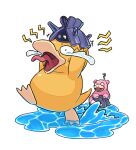  ? absurdres black_eyes commentary_request crying highres korean_commentary no_humans on_head open_mouth pokemon pokemon_(creature) pokemon_on_head psyduck raid_(donghyeok) rock shellder slowpoke tongue water white_background 