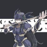  1girl armor armored_dress black_armor black_hair breastplate feathers helmet highres hrist_valkyrie long_hair looking_at_viewer solo valkyrie valkyrie_profile_(series) weapon winged_helmet 