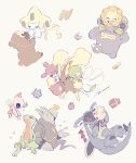  1other 5girls 6+boys alternate_color apple armaldo bidoof celebi closed_eyes commentary covering_another&#039;s_eyes dusknoir fairy_wings flower food fruit gardevoir gears grovyle half-closed_eyes highres hug igglybuff jirachi lopunny loudred medicham multiple_boys multiple_girls one_eye_closed petals pokemon pokemon_mystery_dungeon pokemon_mystery_dungeon:_explorers_of_time/darkness/sky red_scarf riding scarf seed shiny_pokemon signature sitting smile sunflora treasure_chest white_background wings yurano_(upao) 