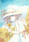  1girl artist_name bare_shoulders blue_eyes blue_sky brown_hair clouds dress flower hat hat_ribbon highres holding holding_flower lico_(lico_sumire) light_blush looking_at_viewer original painting_(medium) red_ribbon ribbon signature sky sleeveless sleeveless_dress smile solo sun_hat sunflower traditional_media upper_body watercolor_(medium) white_dress yellow_flower 
