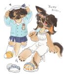  1girl aged_down animal_ears animal_feet ankle_socks arms_up blue_jacket blue_skirt body_fur brown_fur brown_hair child claws closed_eyes collared_shirt colored_inner_hair dog_ears dog_girl dog_tail dress floppy_ears food full_body furry furry_female german_shepherd hat highres holding holding_food holding_popsicle invisible_chair jacket long_hair looking_at_viewer multicolored_hair multiple_views oji_(norahasu) orange_hair original pleated_skirt popsicle rata_(norahasu) red_eyes sandals school_uniform shirt shoes simple_background single_shoe sitting skirt socks tail two-tone_hair white_background white_dress white_hat white_shirt white_socks yellow_footwear 