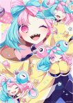  1girl blue_hair blush bow-shaped_hair breasts character_hair_ornament hair_ornament highres iono_(pokemon) jacket long_hair magnemite multicolored_hair one_eye_closed open_mouth oversized_clothes pink_hair pokemon pokemon_sv sharp_teeth shirt sleeveless sleeves_past_fingers sleeves_past_wrists smile teeth to_camellia two-tone_hair yellow_jacket 