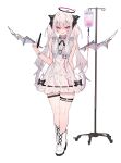  1girl :d absurdres amanatsu_leo bare_shoulders black_bow blush boots bow demon_horns demon_wings detached_wings dress frilled_dress frills full_body grey_hair grey_nails grey_wings halo hand_up highres holding holding_pen horns indie_virtual_youtuber intravenous_drip iv_stand long_hair looking_at_viewer mini_wings nail_polish pen simple_background sleeveless sleeveless_dress smile solo soukou_makura standing thigh_strap two_side_up violet_eyes virtual_youtuber watch watch white_background white_dress white_footwear wings 