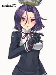  1girl black_dress black_gloves breasts dress gloves hair_between_eyes hair_intakes halo headgear highres kantai_collection maakun_(makun_dx) mechanical_halo medium_breasts neck_ribbon one-hour_drawing_challenge purple_hair ribbon short_hair simple_background smile solo tatsuta_(kancolle) twitter_username violet_eyes white_background 