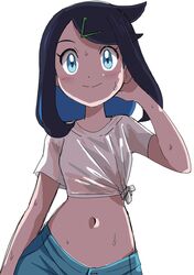  1girl black_hair blue_eyes blush closed_mouth cowlick hainchu hair_ornament hairclip highres liko_(pokemon) midriff multicolored_hair pokemon pokemon_(anime) pokemon_horizons see-through see-through_shirt shirt shorts skirt smile sweaty_clothes wet wet_clothes wet_shirt wet_skirt white_shirt 