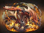  1boy armor blue_eyes boots breath_weapon breathing_fire dragon fire gauntlets gloves helmet highres holding holding_weapon horns monster monster_hunter_(series) open_mouth rathalos rathalos_(armor) sharp_teeth sword tail teeth wanwanlove weapon wings wyvern 