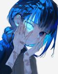  1girl bandaid bandaid_on_arm bandaid_on_hand blue_eyes blue_hair blue_theme blunt_bangs braid closed_mouth expressionless eyelashes fingernails glowing glowing_eye hand_on_own_face hands_on_own_face heterochromia highres long_eyelashes looking_at_viewer mizumi_zumi original portrait side_braid sidelocks simple_background solo wet white_background 