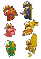  1girl 5boys animal_ears blue_bodysuit blue_helmet bodysuit cape cat_ears character_request crossed_legs fuji-q_highland full_body green_bodysuit green_cape hands_on_own_face heart helmet highlander_(fuji_q) hisaboden multiple_boys outstretched_arms pink_bodysuit pink_helmet red_bodysuit red_cape simple_background sparkle white_background white_bodysuit yellow_bodysuit yellow_cape yellow_helmet 