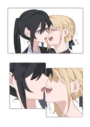  2girls black_jacket black_ribbon blonde_hair braid bright_pupils commentary_request french_braid hair_ribbon hair_up highres imminent_kiss inoue_takina jacket long_hair lycoris_recoil molu_stranger multiple_girls nishikigi_chisato open_mouth ponytail ribbon translation_request violet_eyes white_background white_pupils yuri 