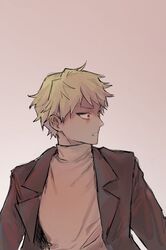  1boy atou_haruki black_jacket blonde_hair brown_sweater constricted_pupils gigantea_pp gradient_background highres jacket long_sleeves male_focus open_clothes open_jacket red_eyes saibou_shinkyoku short_hair simple_background solo surprised sweater turtleneck turtleneck_sweater 