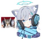  0ver_sd 1girl :t animal_ear_fluff animal_ears blue_archive blue_eyes blue_halo blue_scarf cat cheek_squash cropped_shoulders cross cross_hair_ornament grey_hair hair_ornament halo headphones highres inverted_cross looking_at_viewer medium_hair mismatched_pupils photo-referenced reference_inset scarf shiroko_(blue_archive) wolf_ears 