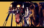  absurdres animal blood blood_on_mouth blood_on_tongue colored_sclera dream_tiger_(govy9807) english_commentary fangs fangs_out highres ishmi letterboxed looking_at_another monster monster_focus no_humans open_mouth orange_fur orange_sclera sharp_teeth solo teeth tiger tongue yellow_background 