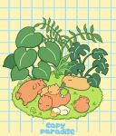  :3 absurdres animal animal_focus bird capybara chibi closed_eyes clover commentary duck eating english_text gorugon01 grass grid grid_background highres leaf lying no_humans original sleeping smile turtle 
