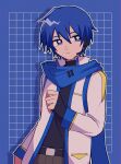  1boy :/ anime_coloring arm_at_side belt black_belt black_shirt blue_background blue_eyes blue_hair blue_scarf blue_theme chromatic_aberration clenched_hand closed_mouth coat dark_blue_hair facing_viewer grey_pants grid_background hair_between_eyes hand_up headset high_collar kaito_(vocaloid) looking_to_the_side male_focus neko_chenna open_clothes open_coat outline pants parted_bangs scarf serious shadow shirt simple_background sleeves_past_wrists tie_clip tsurime upper_body vocaloid white_coat white_outline 