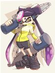  1girl agent_4_(splatoon) agent_4_(splatoon)_(cosplay) bow-shaped_hair callie_(splatoon) cosplay food food_on_head highres holding holding_weapon inkling jacket looking_at_viewer mole object_on_head over_shoulder shorts solo splatana_stamper_(splatoon) splatoon_(series) splatoon_2 squidbeak_splatoon tara_sli tentacle_hair vest weapon weapon_behind_back weapon_over_shoulder yellow_jacket yellow_vest 