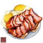  artist_logo artist_name egg_(food) food food_focus fried_egg highres meat no_humans original plate simple_background white_background yuki00yo 
