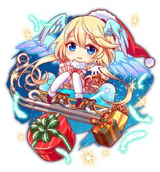  1girl alternate_costume aqua_wings artist_request bare_arms bell blonde_hair blue_eyes blue_sky bow box cel_shading chibi chibi_only closed_mouth collar crash_fever cross-laced_clothes cross-laced_dress dress dress_bow full_body game_cg gift gift_box gloves gradient_wings hair_between_eyes hat head_wings holding holding_gift jung_(crash_fever) long_hair looking_at_viewer medium_hair multicolored_wings number_print numbered official_alternate_costume official_art outline outstretched_arm outstretched_hand pom_pom_(clothes) puffy-trimmed_footwear puffy-trimmed_hat red_footwear red_outline redhead sack santa_hat see-through_wings sitting sky sleeveless sleeveless_dress sleigh solo sparkle square square_print star_(sky) tachi-e teeth thigh-highs third-party_source transparent_background two-tone_bow very_long_hair white_collar white_dress white_gloves white_pom_poms white_thighhighs white_wings wings 