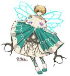  1boy absurdres aqua_wings blonde_hair capelet closed_mouth dress e.g.o_(project_moon) fairy_wings flower full_body green_dress highres horns limbus_company looking_at_viewer matiyan923 plant_roots project_moon purple_flower red_flower sinclair_(project_moon) smile solo white_capelet white_dress wings yellow_eyes yellow_flower 