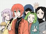  3boys 3girls :d absurdres black_eyes black_sweater blonde_hair bolo_tie closed_mouth crossed_arms delfuze green_eyes green_hair green_jacket hatori_chise headphones highres hood hood_down hood_up hooded_jacket isaac_fowler jacket looking_at_viewer lucy_webster mahou_tsukai_no_yome multiple_boys multiple_girls notice_lines open_clothes open_jacket orange_hair orange_jacket philomela_sargant ponytail purple_hair rian_scrimgeour smile sweater v violet_eyes waving yellow_jacket zoe_ivey 