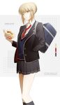  1girl alternate_costume artoria_pendragon_(fate) blonde_hair braid burger collared_shirt eating fate/grand_order fate_(series) food french_braid hair_bun hand_in_pocket highres holding holding_burger holding_food jacket looking_at_viewer minoe08 necktie open_clothes open_jacket saber_alter shirt short_hair sidelocks single_hair_bun skirt solo sweater_vest twitter_username white_shirt yellow_eyes 