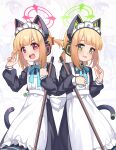  2girls absurdres animal_ear_headphones animal_ears apron black_dress blonde_hair blue_archive blush cat_tail dress fake_animal_ears frilled_apron frills green_eyes green_halo halo headphones highres long_sleeves luxuriou_s maid maid_apron maid_headdress midori_(blue_archive) midori_(maid)_(blue_archive) momoi_(blue_archive) momoi_(maid)_(blue_archive) multiple_girls official_alternate_costume open_mouth pink_halo puffy_long_sleeves puffy_sleeves red_eyes short_hair siblings sisters smile tail twins white_apron zoom_layer 