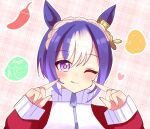  1girl :p alternate_costume animal_ears blue_hair blush braid cesario_(umamusume) commentary_request crown_braid food hair_between_eyes hair_ornament highres horse_ears horse_girl jacket looking_at_viewer medium_hair melonpan_(d_5536) pointing pointing_at_self portrait simple_background solo tongue tongue_out track_jacket umamusume vegetable violet_eyes 