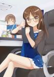  2girls bespectacled blue_dress bow brown_eyes brown_hair chair clipboard closed_eyes commentary_request crossed_legs dress glasses hair_bow highres holding holding_clipboard idolmaster idolmaster_cinderella_girls indoors laughing looking_at_viewer multiple_girls office office_chair senkawa_chihiro sitting smile swivel_chair tachibana_arisu tsubure_manjuu 