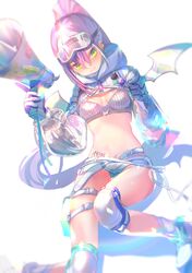  1girl badge bandeau blush breasts buckle button_badge colored_inner_hair demon_hood ear_piercing gloves goggles goggles_on_head green_eyes hair_ornament highres hip_tattoo holding holding_megaphone hololive hooded_shrug knee_pads long_hair long_sleeves looking_at_viewer megaphone multicolored_hair navel navel_piercing nekosaikou piercing pink_hair ponytail purple_hair ribbed_bandeau roller_skates see-through see-through_sleeves shorts skates smile snap-fit_buckle snow_goggles solo strapless streaked_hair tail tokoyami_towa tokoyami_towa_(5th_costume) tube_top two-sided_gloves virtual_youtuber white_bandeau white_footwear white_gloves white_shorts white_shrug white_tube_top winged_heart_tattoo wings 