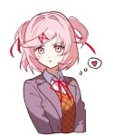  blush brown_jacket closed_mouth doki_doki_literature_club hair_ornament hairband heart jacket looking_at_viewer natsuki_(doki_doki_literature_club) neck_ribbon pink_eyes pink_hair ribbon school_uniform short_hair simple_background solo solo_focus speech_bubble upper_body white_background wing_collar yuna_4568 