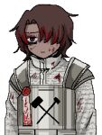  1boy armor blood blood_in_hair blood_on_clothes blood_on_face brown_hair dark-skinned_male dark_skin heathcliff_(project_moon) highres jacket limbus_company male_focus ngancurindunia parted_lips pixel_art project_moon simple_background solo upper_body wax_seal white_background white_jacket 