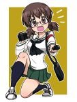  1girl bag black-framed_eyewear black_neckerchief black_socks blouse brown_background brown_eyes brown_hair camera carrying girls_und_panzer glasses green_skirt holding holding_camera holding_microphone long_sleeves looking_at_viewer low_twintails microphone miniskirt neckerchief notice_lines on_one_knee ooarai_school_uniform open_mouth ou_taiga outline pleated_skirt sailor_collar satchel school_uniform semi-rimless_eyewear serafuku shirt shoes short_hair skirt smile sneakers socks solo takahashi_kurage textless_version twintails under-rim_eyewear white_footwear white_outline white_sailor_collar white_shirt 