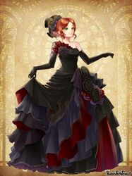 1girl black_dress black_flower black_gloves copyright_name dress dress_flower elbow_gloves flower full_body gloves green_eyes hair_up neko2noko pandora_party_project redhead sidelocks skirt_hold solo standing yellow_background 