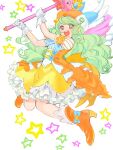  1girl :d bad_drawr_id bad_id boots curly_hair dress floating frilled_dress frills full_body gloves green_hair hat high_heel_boots high_heels holding holding_wand long_hair looking_at_viewer magical_girl monster_strike oekaki open_mouth orange_dress orange_footwear orange_hat pego_(peco_peco) puffy_short_sleeves puffy_sleeves rembrandt_(monster_strike) short_sleeves smile solo star-shaped_pupils star_(symbol) symbol-shaped_pupils teeth two-tone_dress two-tone_hat upper_teeth_only violet_eyes wand white_background white_gloves white_hat wings yellow_dress 
