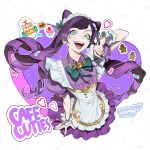  1girl apron artist_name bow bowtie cafe_cuties_jinx english_text fingernails green_bow green_bowtie green_eyes hair_between_eyes highres jinx_(league_of_legends) league_of_legends long_hair looking_at_viewer maid maid_apron nail_polish official_alternate_costume official_alternate_hairstyle open_mouth puffy_sleeves purple_hair purple_nails short_sleeves simple_background smile solo teeth twintails upper_body white_background wosashimi 
