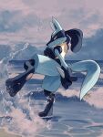  closed_mouth clouds commentary_request full_body highres kuchiba_(jret2454) lucario outdoors pokemon pokemon_(creature) sand shore sky solo standing standing_on_one_leg water yellow_fur 