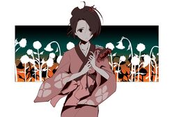  1girl absurdres border breasts brown_hair floral_background flower fuu_(samurai_champloo) gradient_background hair_between_eyes hair_ornament hair_stick hands_on_own_chest highres holding holding_flower igusaharu japanese_clothes kimono long_sleeves looking_at_viewer medium_breasts medium_hair parted_bangs pink_kimono samurai_champloo solo sunflower swept_bangs twitter_username updo upper_body white_border wide_sleeves wilted_flower 