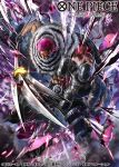  1boy abs aiming aiming_at_viewer bare_pectorals belt black_gloves charlotte_katakuri commentary_request copyright_name fur_scarf glint gloves holding holding_trident holding_weapon looking_at_viewer male_focus nagare_seiya official_art one_piece one_piece_card_game pebble pectorals pink_hair polearm scarf short_hair sleeveless sleeveless_jacket solo thigh_belt thigh_strap trident weapon 